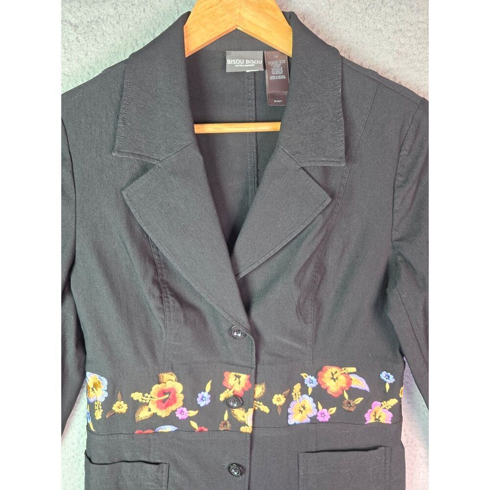Bisou Bisou Michele Bohbot Black Floral Embroidered Blazer 14 Boho Tailored